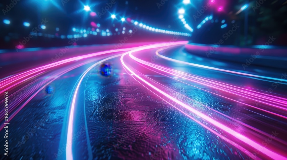 Neon Light Trails on a Wet Road at Night with a Futuristic Cityscape Background Neon Light Trails on a Wet Road at Night with a Futuristic Cityscape Background
