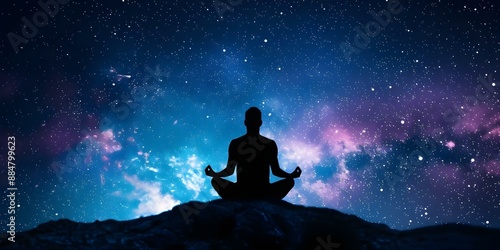 Cosmic Silhouette A Symbol of Spiritual Meditation and Interstellar Energy. Concept Astrology, Meditation, Cosmic Energy, Interstellar Connection, Spiritual Symbolism