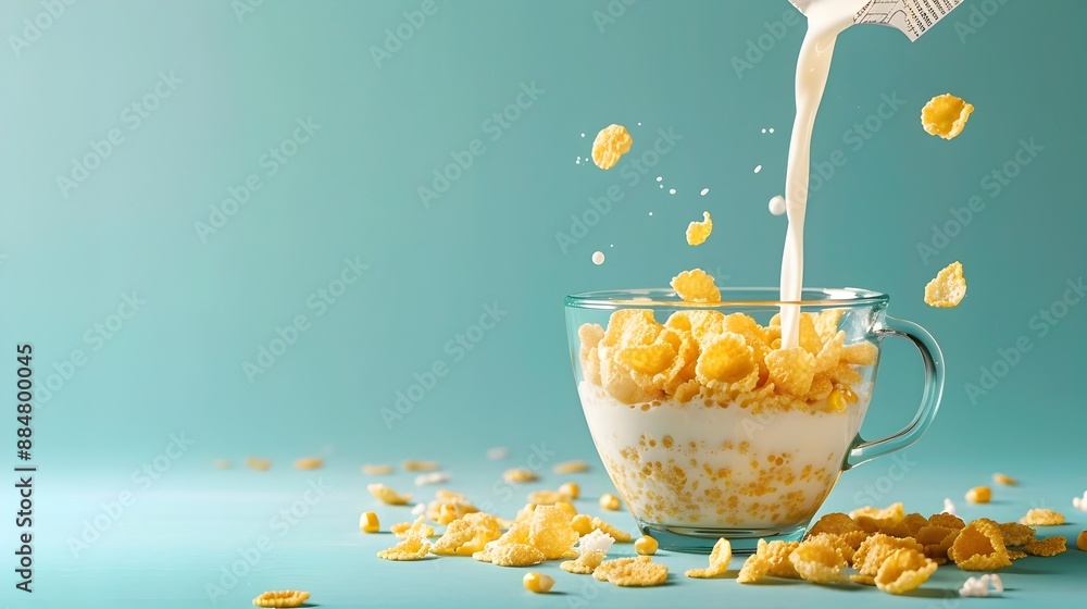 Milk Poured Into Cup with Crunchy Cornflakes on Bright Background Milk Poured Into Cup with Crunchy Cornflakes on Bright Background