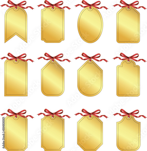 Set of gold gift tags with red bow and gold trim
