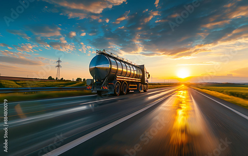 Tanker truck with cargo on the road at sunset. 3d rendering