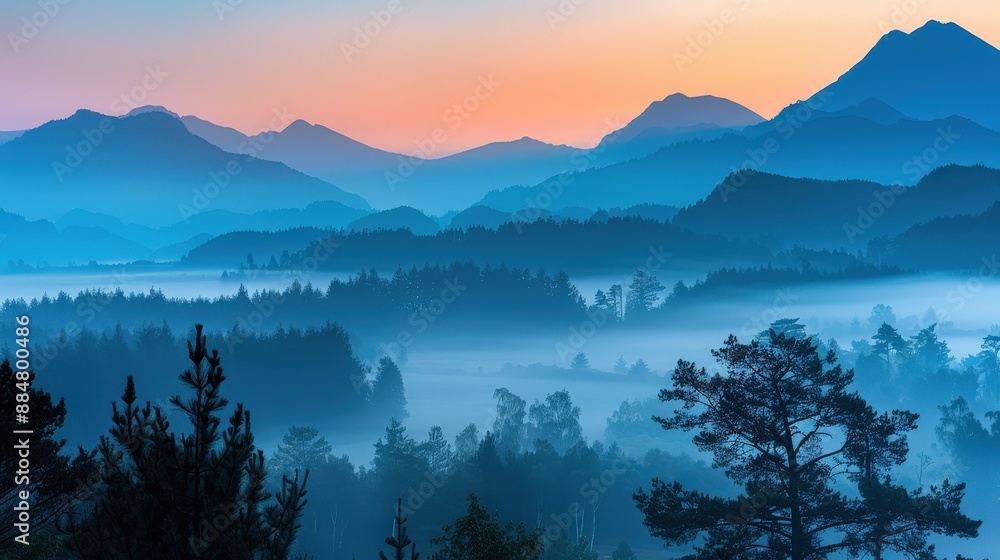 Serene Mountain Landscape at Dawn with Misty Forest and Vibrant Sunrise Colors Serene Mountain Landscape at Dawn with Misty Forest and Vibrant Sunrise Colors