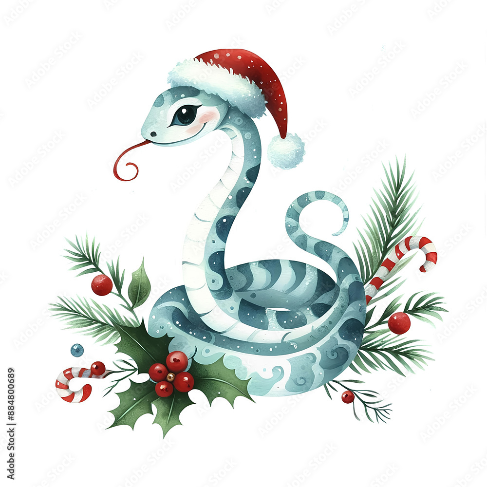 Naklejka premium Watercolor painting of christmas theme snake on white background.