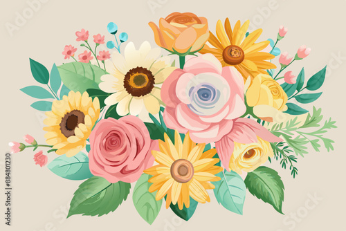  flowers orchids sunflower roses pastel love vector illustration