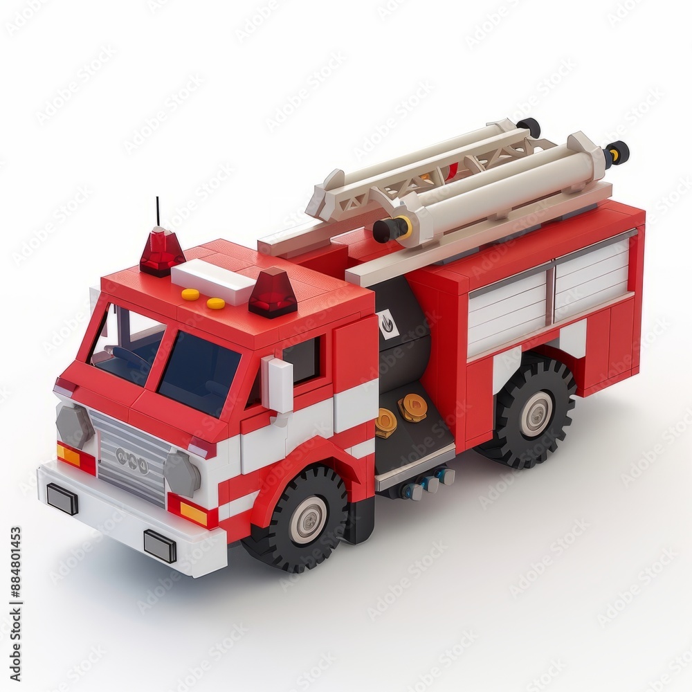 Fototapeta premium 3D Render, Low Poly style of toy fire truck vehicle, on isolated white background, Generative AI