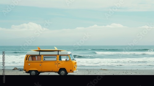Vintage style van with surfboards parked on the beach, seaside, sky in with the summer sea © chutikan