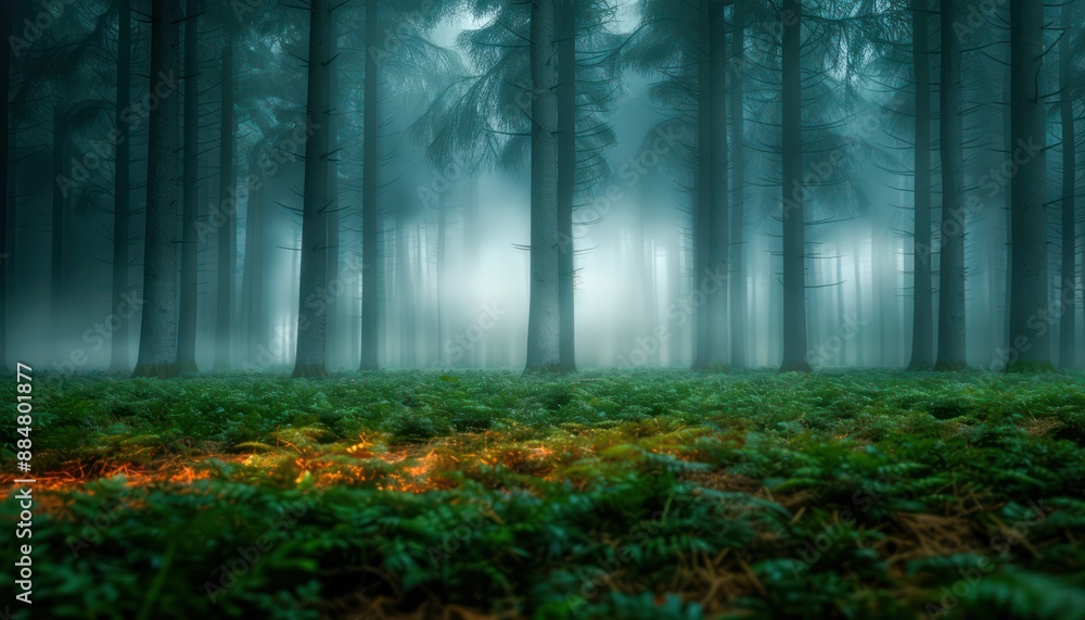 Fototapeta premium Eerie Fog Envelopes Tall Trees in a Mysterious Forest, Nature's Dark Night, Wild Noises Echo Through the Silent Woods, A Surreal Landscape of Mystical Enchantment