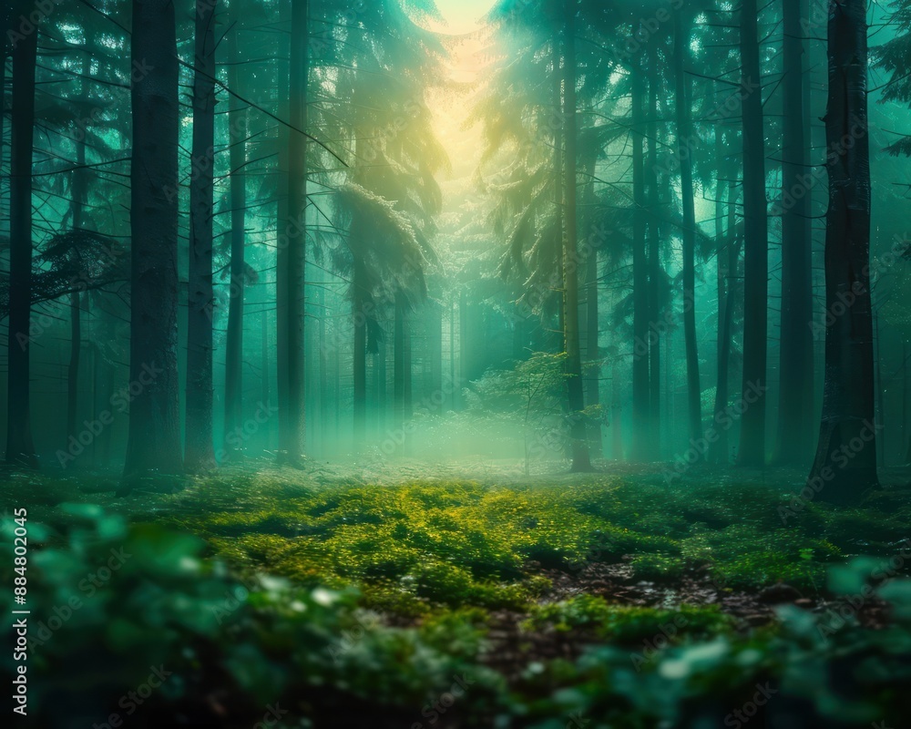 Fototapeta premium Eerie Mist Shrouds the Ancient Forest Path, Sunbeams Piercing Through the Canopy, Crying Sounds Echoing in the Dark Night, a Sense of Mystery and Unease Linger
