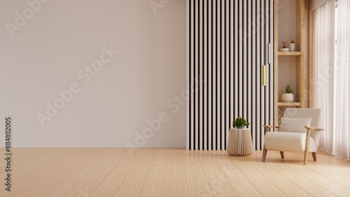 Tableau sur toile Mockup wall of a modern minimalist living room featuring a comfortable armchair-