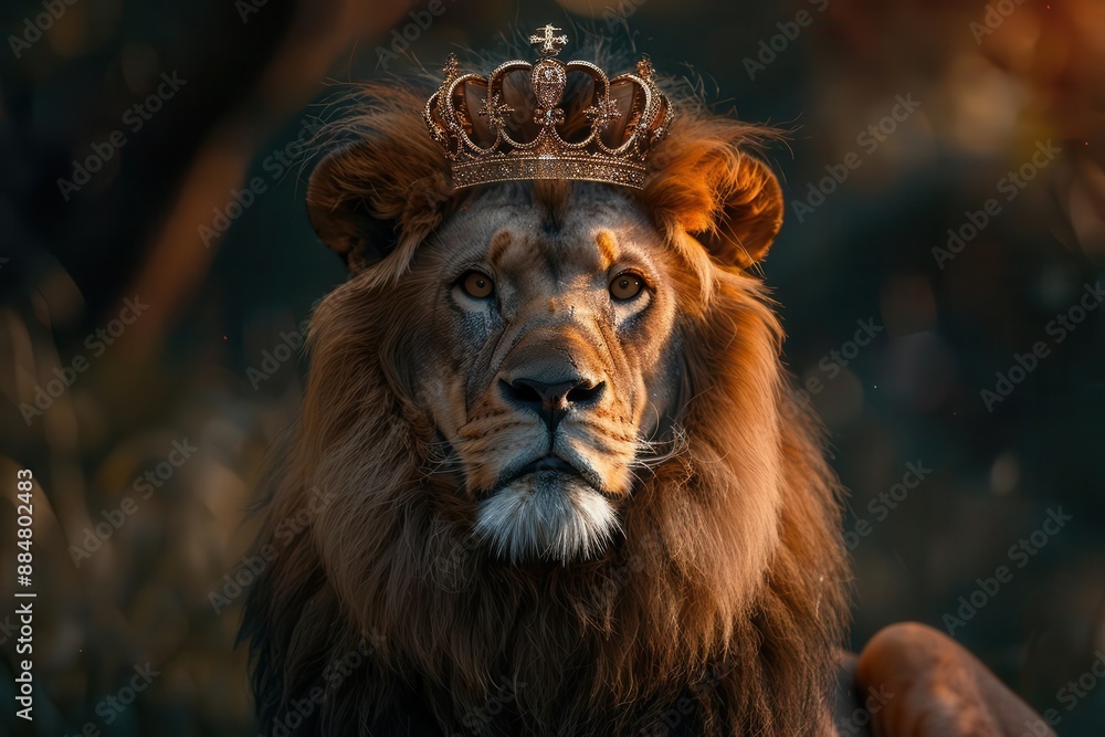 Front portrait photography of a Lion wearing a crown, proud face, sunlight illuminating, editorial style, majestic and regal, copy space Front portrait photography of a Lion wearing a crown, proud face, sunlight illuminating, editorial style, majestic and regal, copy space