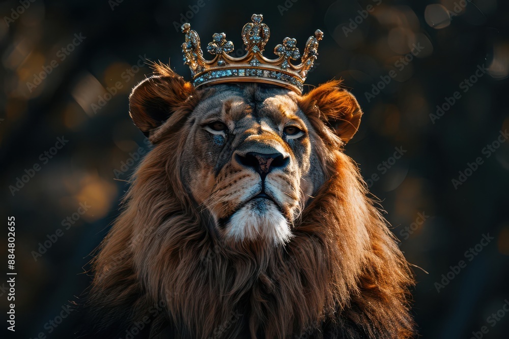 Fototapeta premium Lion wearing a crown, front portrait, proud and majestic, sunlight highlights, editorial style, regal appearance, copy space