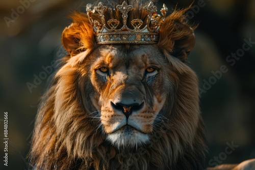 Majestic lion wearing a crown, front portrait, proud and regal, sunlight enhancing features, editorial photography, copy space