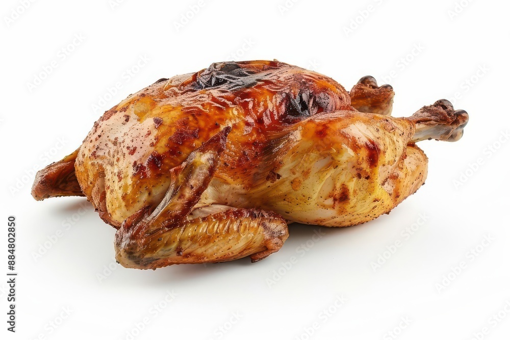 Whole grilled chicken closeup, golden and crispy skin, juicy tender meat, delicious and appetizing, white background, copy space Whole grilled chicken closeup, golden and crispy skin, juicy tender meat, delicious and appetizing, white background, copy space