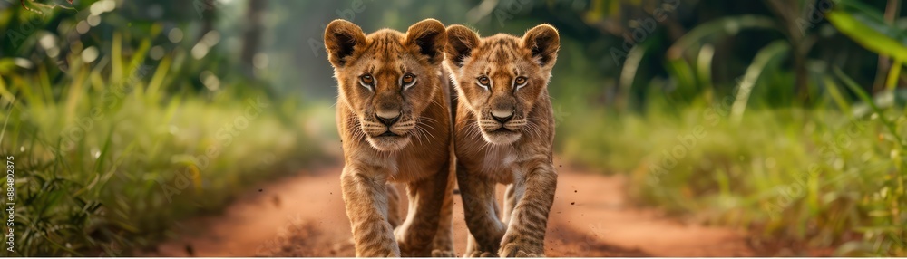 Obraz premium Two Lion Cubs Walk Side by Side on a Dirt Path in the African Savanna These Majestic Creatures, Full of Life and Energy, Are a Fierce Pack, Wild and Untamed, Embracing the Beauty and Power of Nature