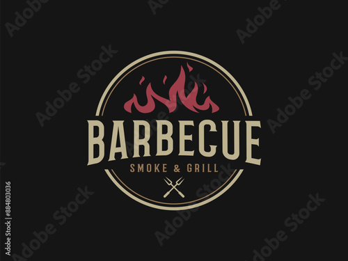 vintage barbecue logo vector illustration, retro BBQ smoke grill logo template