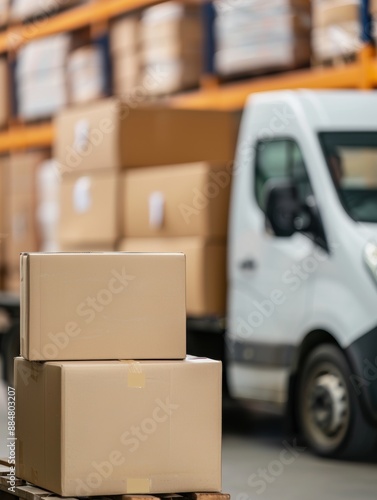 Vehicle departs depot with packages for timely distribution, copy space, focus on objects, deep depth of field.