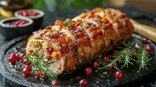Pork stuffed roll prepared on the grill, roll, dinner, stuffed turkey breast roll for festive dinner, Close up
