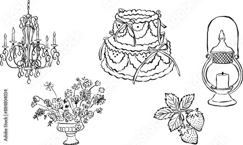 Ilustraciones dibujadas a mano.  Iconos en vector para invitaciones, papelería, diseño. Clipart de amor. Ilustración de candelabro, flores, fresa, pastel, porta velas.