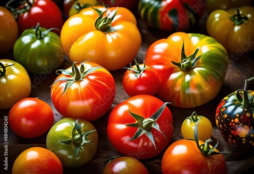 vibrant heirloom tomatoes displayed vine colorful array, fresh, ripe, organic, juicy, harvest, agriculture, gardening, farming, produce, red, yellow, green, purple