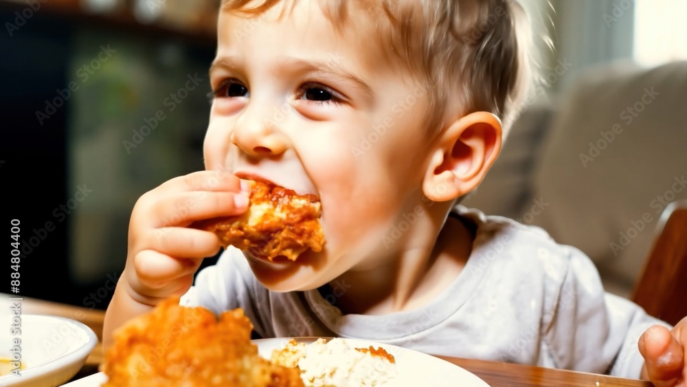 Happy Child eating delicious fried chicken at home Happy Child eating delicious fried chicken at home