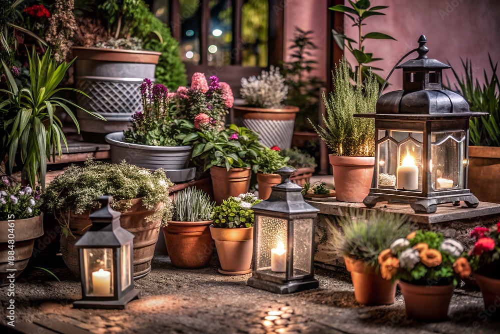 Fototapeta premium A charming garden at night featuring various potted plants and glowing lanterns, creating a cozy and serene outdoor atmosphere.