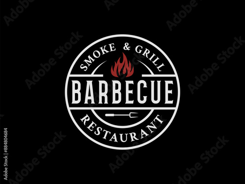 vintage barbecue logo vector illustration, retro BBQ smoke grill logo template