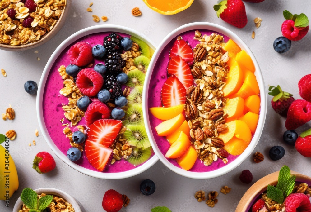 vibrant fruit smoothie bowls crunchy granola, colorful, fresh, healthy, delicious, nutritious, breakfast, tasty, fruits, oats, nuts, seeds, toppings, sweet vibrant fruit smoothie bowls crunchy granola, colorful, fresh, healthy, delicious, nutritious, breakfast, tasty, fruits, oats, nuts, seeds, toppings, sweet