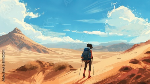 Solo Female Backpacker Hiking in a Desert Landscape Under a Sunny Sky