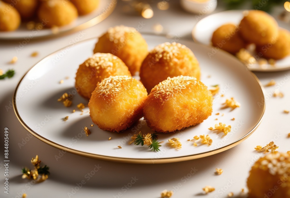 elegant golden croquette delicacies crispy exterior white plate, appetizer, starter, snack, meal, dish, fritter, fried, crunchy, homemade, gourmet, delicious elegant golden croquette delicacies crispy exterior white plate, appetizer, starter, snack, meal, dish, fritter, fried, crunchy, homemade, gourmet, delicious