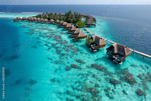 Aerial view of the luxury tropical island resort, which blends the Maldives resort's bungalow with the clear sea photo