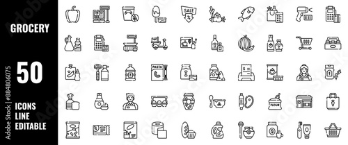 50 Grocery Icons Set Line Editable Vector Illustration