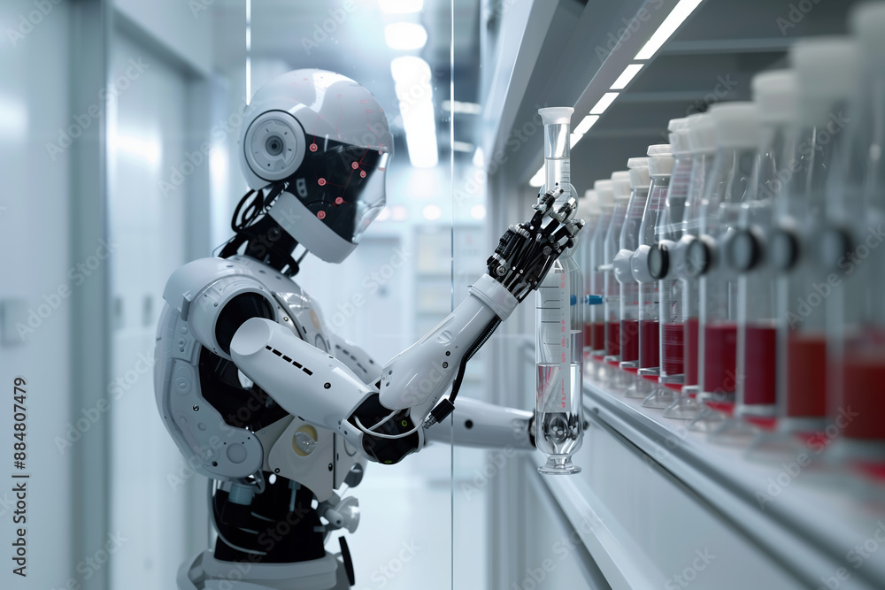 AI Robot Scientist Conducting Experiments in State-of-the-Art Laboratory, AI Technology Concept, on White Background AI Robot Scientist Conducting Experiments in State-of-the-Art Laboratory, AI Technology Concept, on White Background