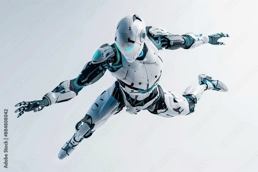 Futuristic AI Robot Floating in Air, Artificial Intelligence Technology Concept, on White Background Futuristic AI Robot Floating in Air, Artificial Intelligence Technology Concept, on White Background