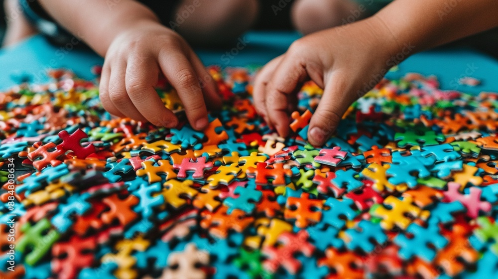 Children assembling a complex puzzle, focusing on the design and substance of each piece, realistic photo, high resolution, detailed textures, vibrant colors Children assembling a complex puzzle, focusing on the design and substance of each piece, realistic photo, high resolution, detailed textures, vibrant colors