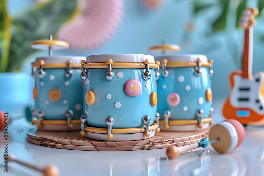 A toy drum set, musical element, 3D illustration, vibrant colors, isolated on white background