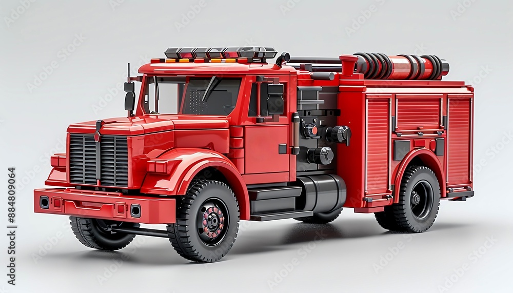 A toy fire truck, toy element, realistic illustration, bright red, isolated on white background A toy fire truck, toy element, realistic illustration, bright red, isolated on white background