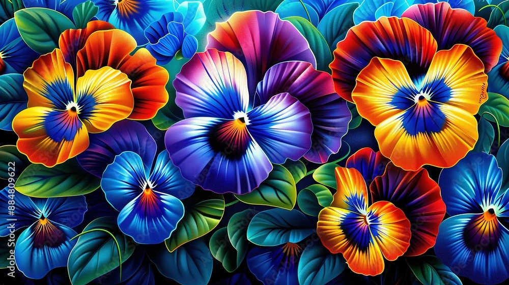 A vibrant depiction of multi-hued blooms with verdant foliage at the base and a striking azure blossom centering the artwork A vibrant depiction of multi-hued blooms with verdant foliage at the base and a striking azure blossom centering the artwork