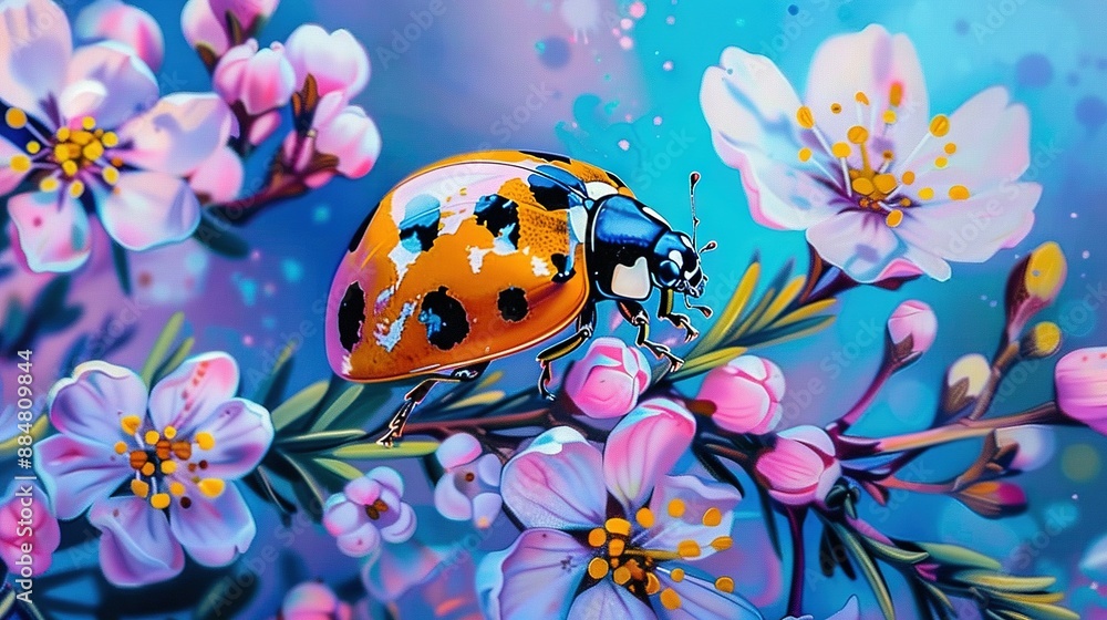 A ladybug perched on a floral branch with an array of pink and white blossoms A ladybug perched on a floral branch with an array of pink and white blossoms