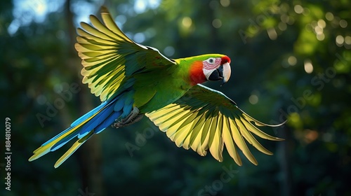 Flying Great green macaw (Ara ambiguus), also known as Buffon's macaw or the great military macaw. Ara ambiguus is listed as Critically Endangered. Tortuguero, photo