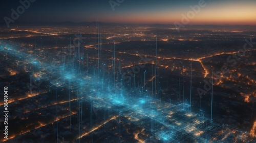 City at Night with Digital Data Overlay and Network Connections in a futuristic urban area