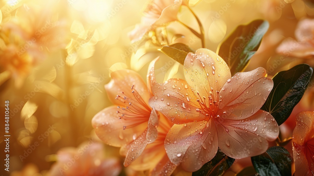 Beautiful flowers with water droplets in golden light. The petals glisten with dew, creating a fresh and vibrant scene. The warm golden light enhances the natural beauty of the flowers Beautiful flowers with water droplets in golden light. The petals glisten with dew, creating a fresh and vibrant scene. The warm golden light enhances the natural beauty of the flowers
