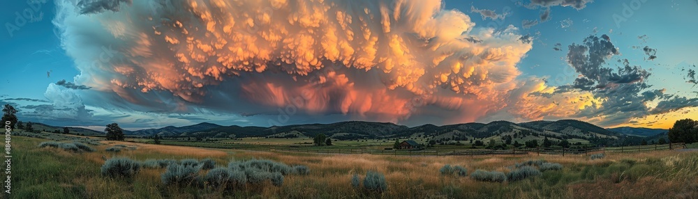 Obraz premium Stunning Panoramic Sunset Over Rolling Hills with Dramatic Cloud Formation in the Sky