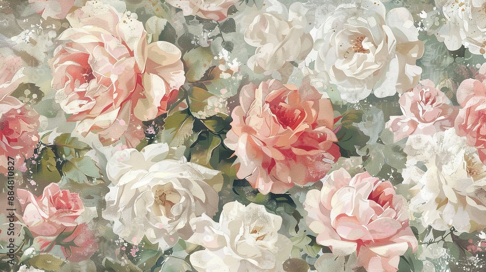 A painting of pink and white flowers on a gray and white background with green leaves, featuring pink and white blooms on the left side A painting of pink and white flowers on a gray and white background with green leaves, featuring pink and white blooms on the left side