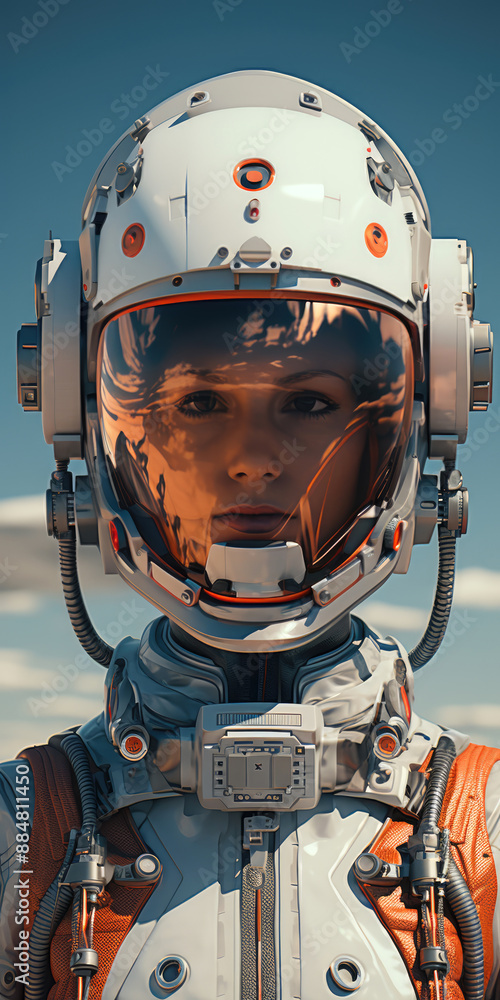 generated illustration of a womans face in an astronaut helmet, her eyes gazing wistfully through the visor generated illustration of a womans face in an astronaut helmet, her eyes gazing wistfully through the visor