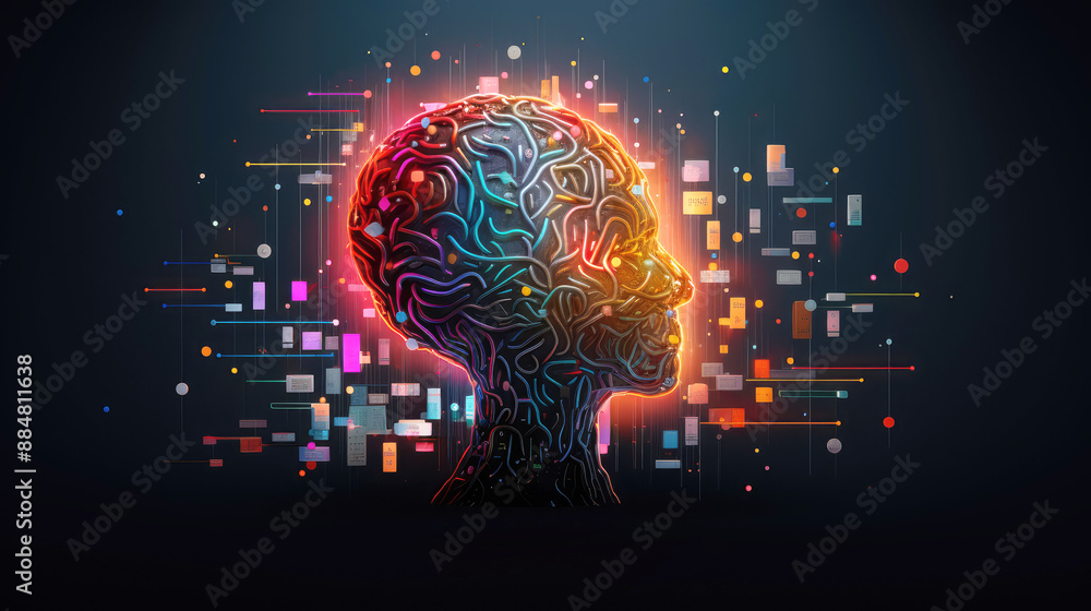 generated illustration of neon line styled brain icon, symbol of science and intelligence generated illustration of neon line styled brain icon, symbol of science and intelligence