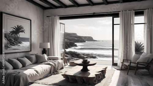 Sea view entire finca In style of Axel Vervoordt and blakstad Ibiza interior design . Simple black lines sketch .  Illustration of a  wave sabi Mediterranean  interior design . Hyper realistic, 8k