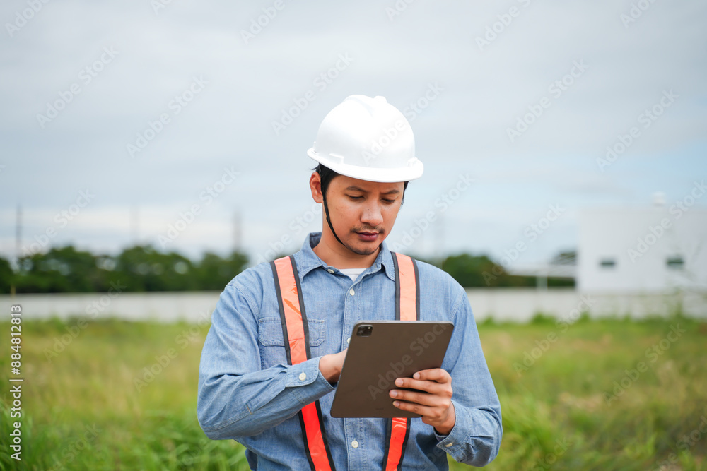 Planning engineering check digital tablet and Plans on Construction Site at Industrial Power Plant. Planning engineering check digital tablet and Plans on Construction Site at Industrial Power Plant.
