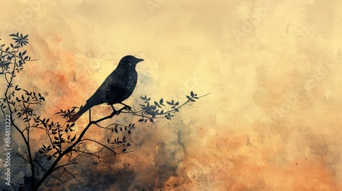 watercolor painting of Bird Silhouette perched on branch, copy space banner, vintage background  photo