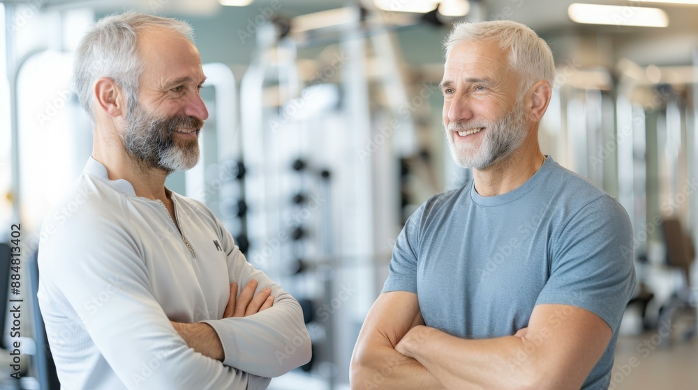 two mid-age men in conversation inside a fitness gym, face to face, workout buddies, healthy lifestyle two mid-age men in conversation inside a fitness gym, face to face, workout buddies, healthy lifestyle