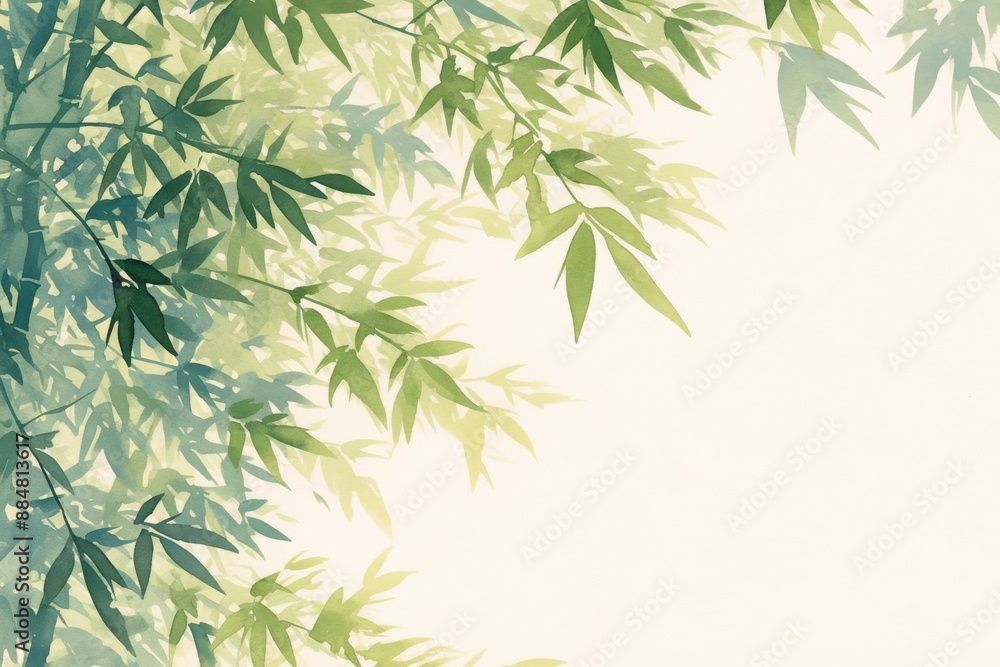 Fototapeta premium watercolor illustration of bamboo leaves on water splash paper background 